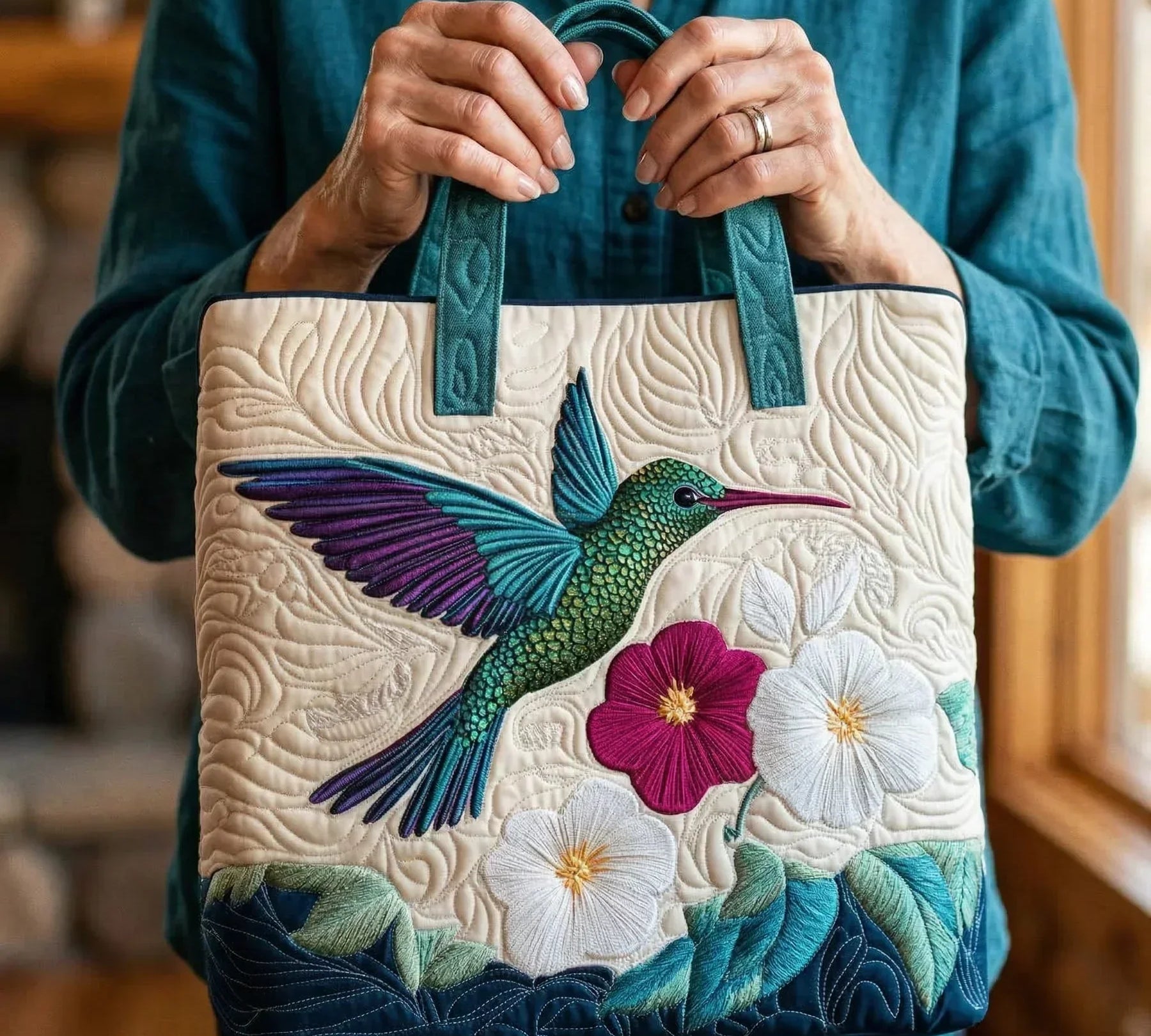 Mala Tote Acolchoada Colibri e Flor Branca | Lisboa by Luisa