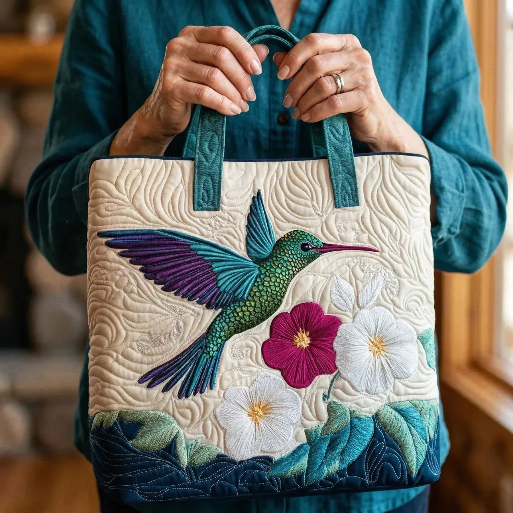 Mala Tote Acolchoada Colibri e Flor Branca | Lisboa by Luisa